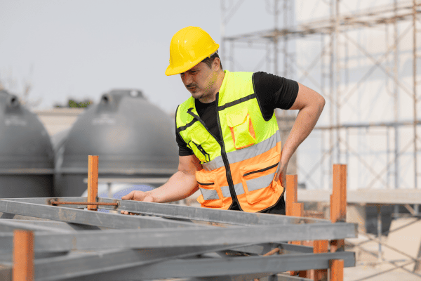 Construction worker in a reflective vest and hard hat inspecting a metal frame at a construction site.