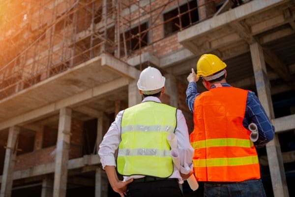 Two construction workers in safety vests and hard hats observing a building under construction.