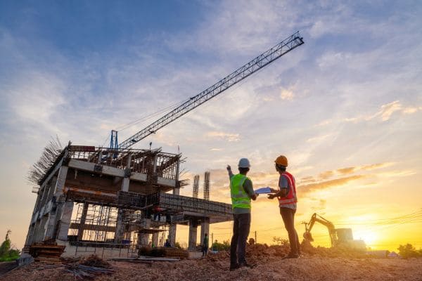 Two construction workers in safety vests and helmets discussing a building project at a site during sunset.