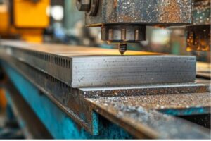 CNC machine drilling metal block.