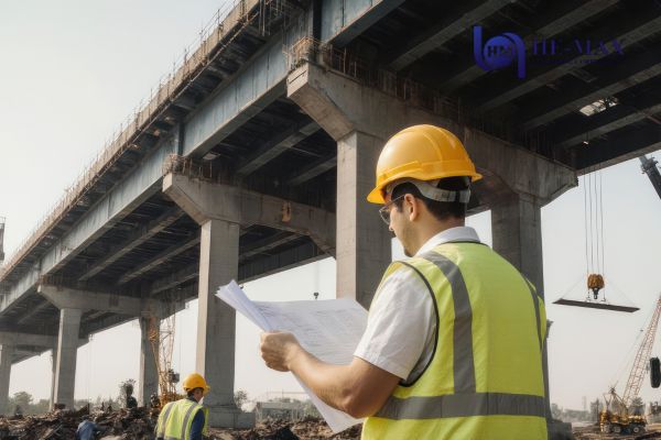 Construction engineer reviewing plans on bridge site
