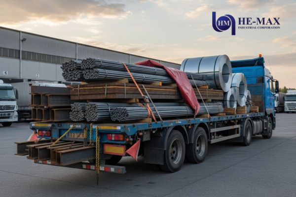 A truck carrying steel bars in a warehouse, associated with a project plan for upcoming construction activities.