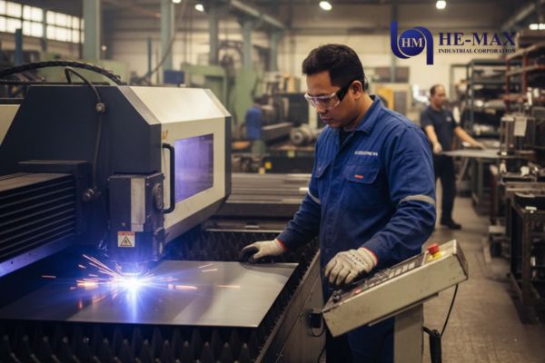 A man operating a laser cutting machine in a factory setting, focused on his work.