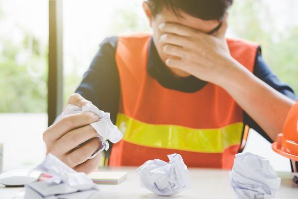 A man in a safety vest sits at a table, surrounded by crumpled paper, appearing deep in thought or planning.