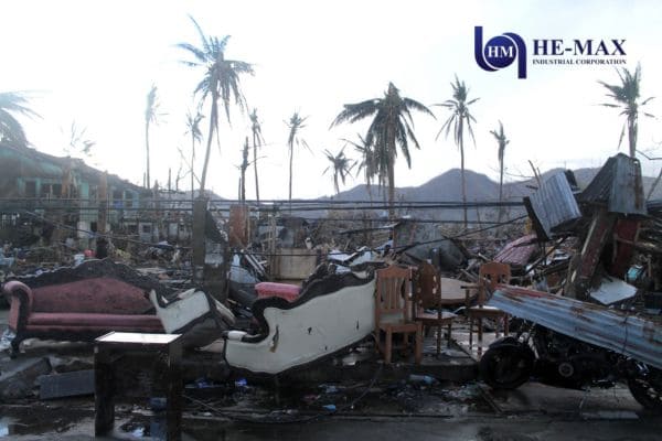 Storm damage with debris and destroyed buildings