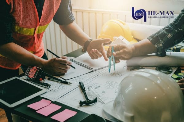 construction team planning blueprints tools desk