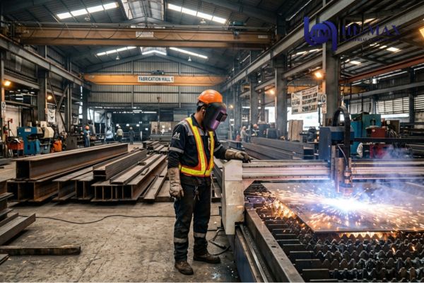 A factory worker welding steel, highlighting the process of outsourcing steel processing.