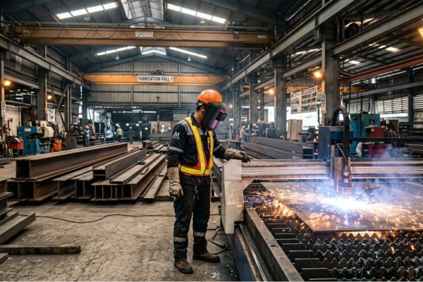 A factory worker welding steel, highlighting the process of outsourcing steel processing.