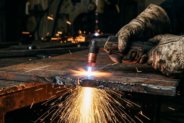 A welder working on metal, creating sparks, highlighting the process of outsourcing steel processing.