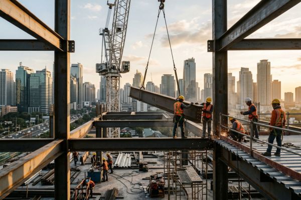 Construction workers collaborating on a site, showcasing their service capability and teamwork in building projects.