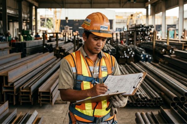 A man in an orange vest writes on a clipboard, demonstrating service capability in a work environment.