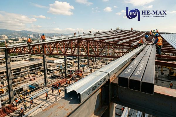 Construction workers installing tubular purlins on a building roof, comparing them to C-purlins for structural support.