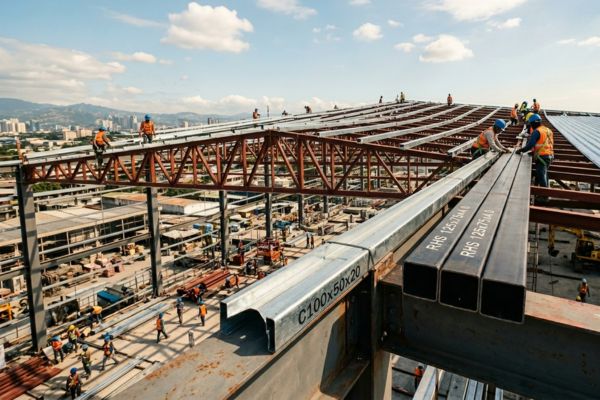 Construction workers installing tubular purlins on a building roof, comparing them to C-purlins for structural support.