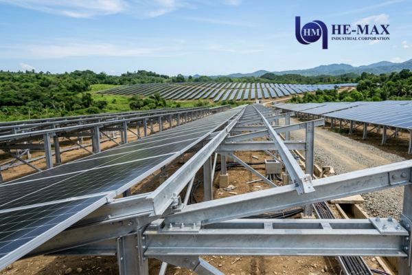 Galvanized steel solar mounting structures supporting photovoltaic panels in a large-scale solar farm installation.