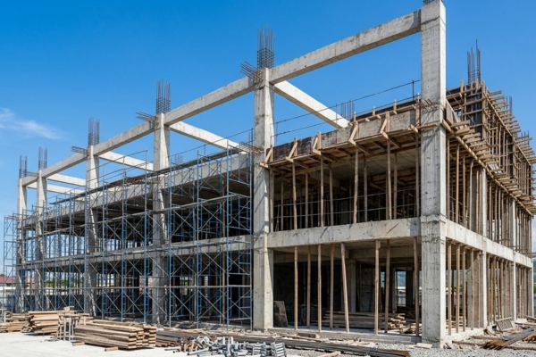 Reinforced concrete building frame under construction with columns, beams, and scaffolding for multi-story development.