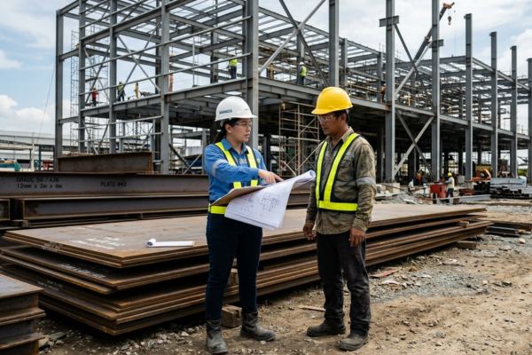 Construction engineers inspecting structural steel framework installation at a commercial building construction site.