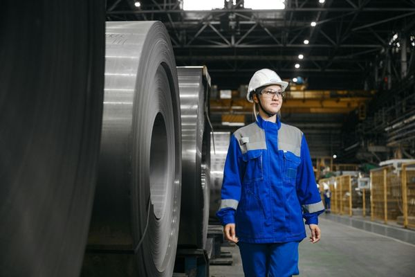 steel coil manufacturing factory Steel coils and worker inside a metal manufacturing factory