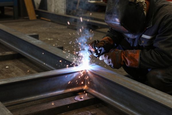 steel frame welding fabrication Welder fabricating structural steel frame