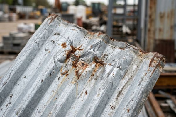 post typhoon roof damage rust A weathered metal roof displaying extensive rust, indicating damage sustained from a recent typhoon.
