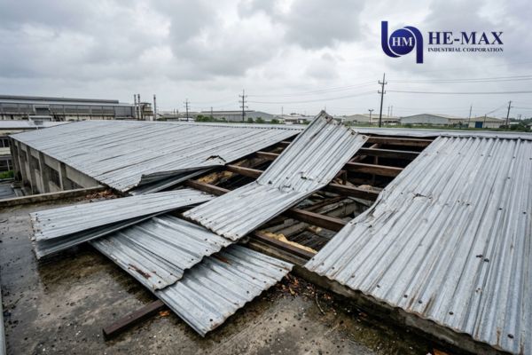 A damaged metal roof with visible holes and a broken window, illustrating the impact of a recent typhoon.