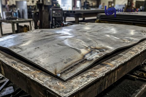 A large sheet of warped metal rests on a table, showcasing its distorted surface and irregular shape.
